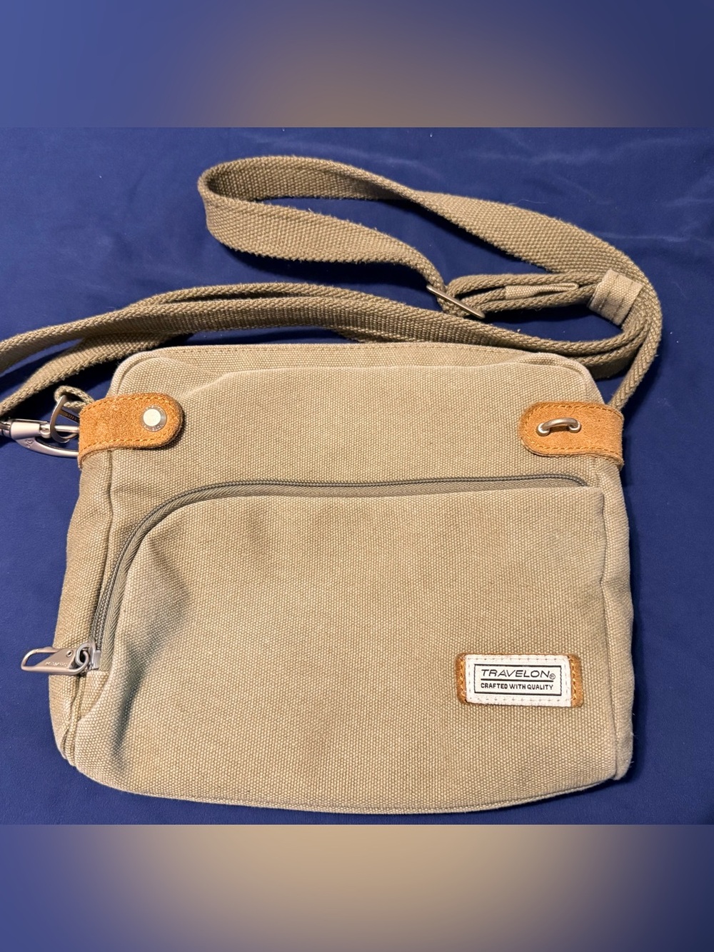 Travelon Sage Canvas Messenger Crossbody Bag with Suede Accents
